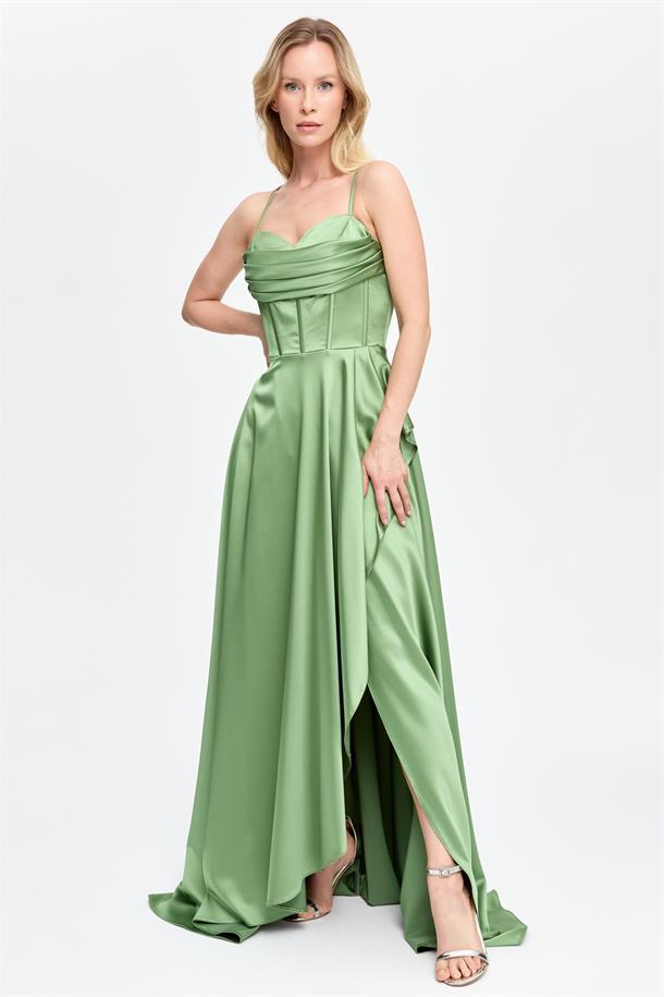 Yırtmaçlı Uzun Saten Abiye-A.YESIL