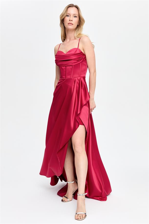 Yırtmaçlı Uzun Saten Abiye-BORDO