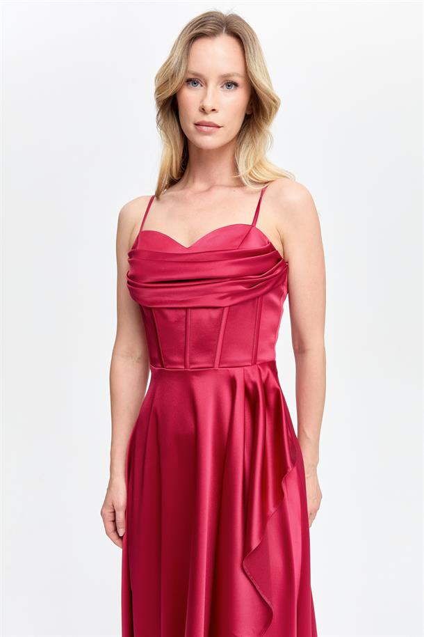 Yırtmaçlı Uzun Saten Abiye-BORDO