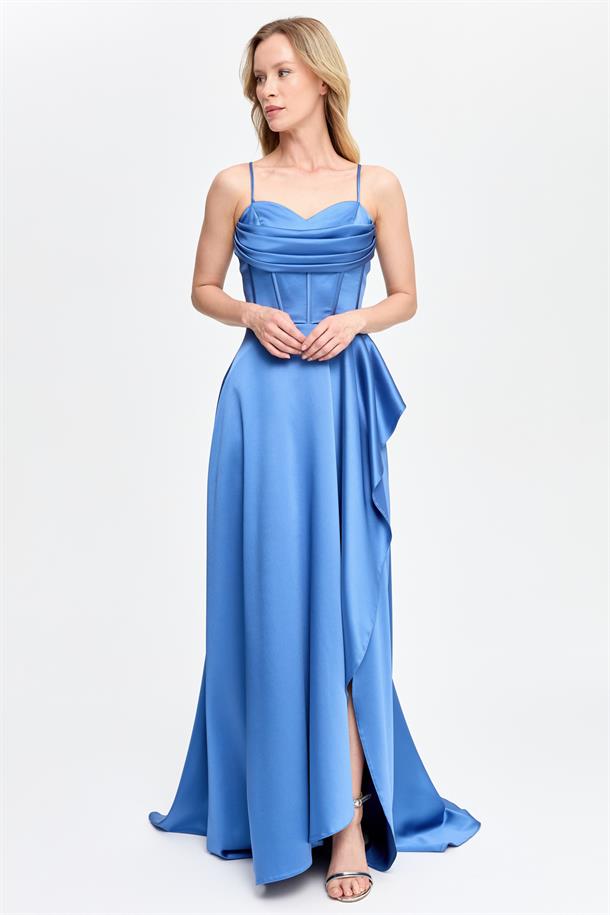 Yırtmaçlı Uzun Saten Abiye-İNDİGO