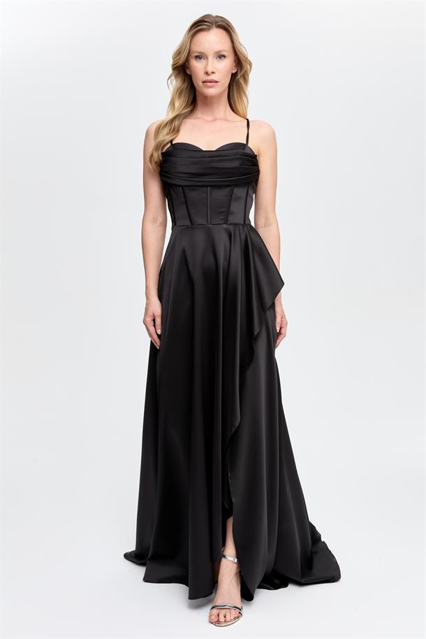 Yırtmaçlı Uzun Saten Abiye-SİYAH