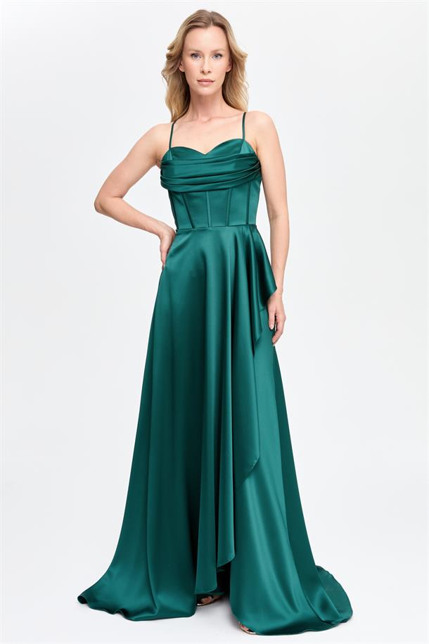 Yırtmaçlı Uzun Saten Abiye-ZÜMRÜT