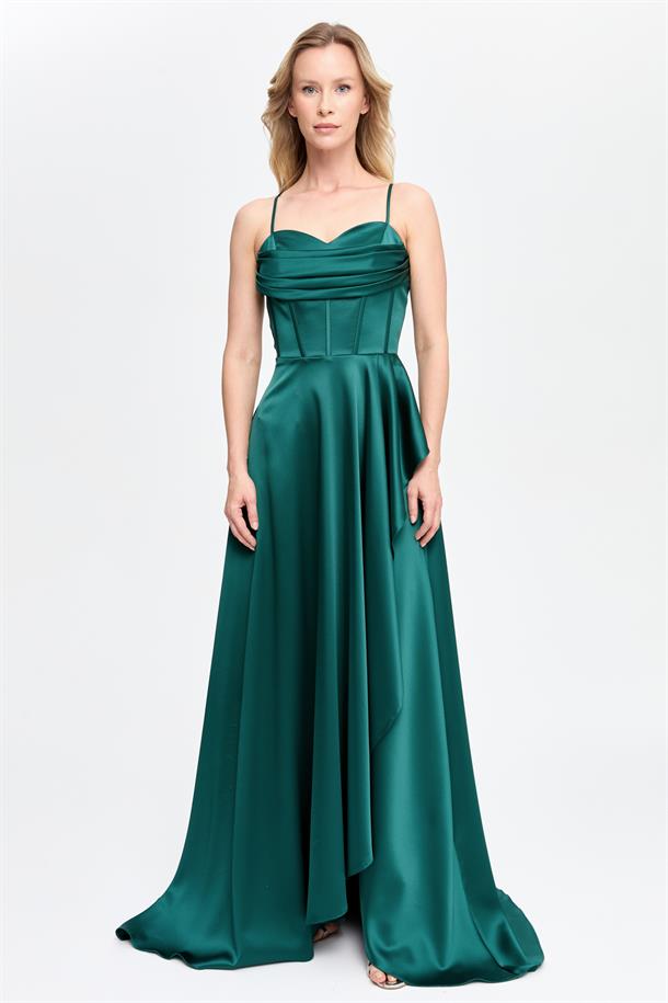 Yırtmaçlı Uzun Saten Abiye-ZÜMRÜT