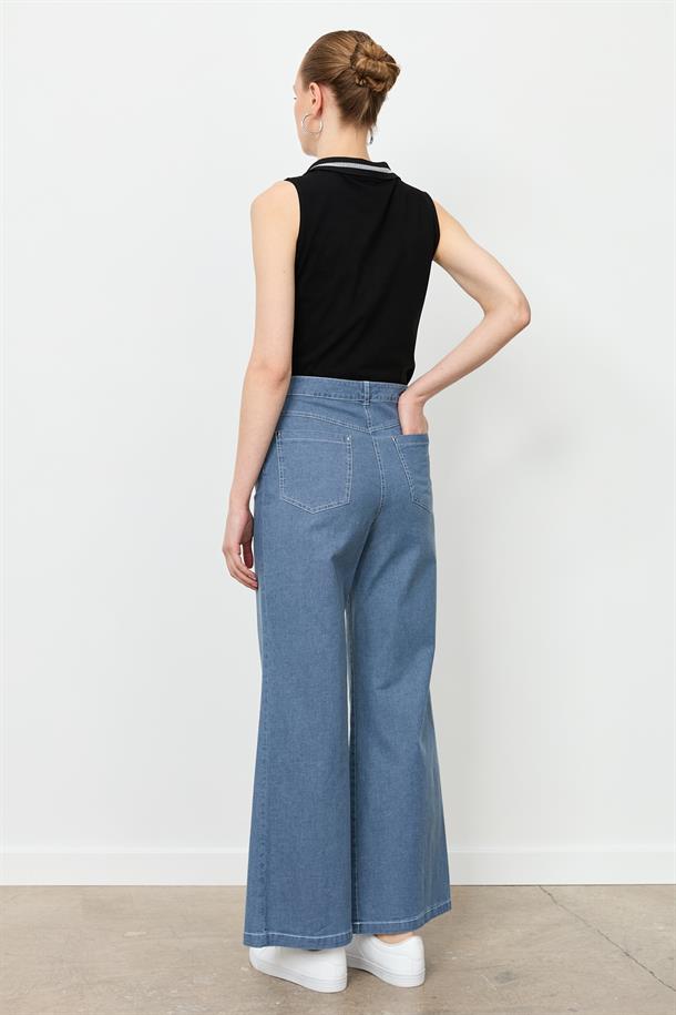 Yüksek Bel Bol Paça Kot Pantolon-MAVİ