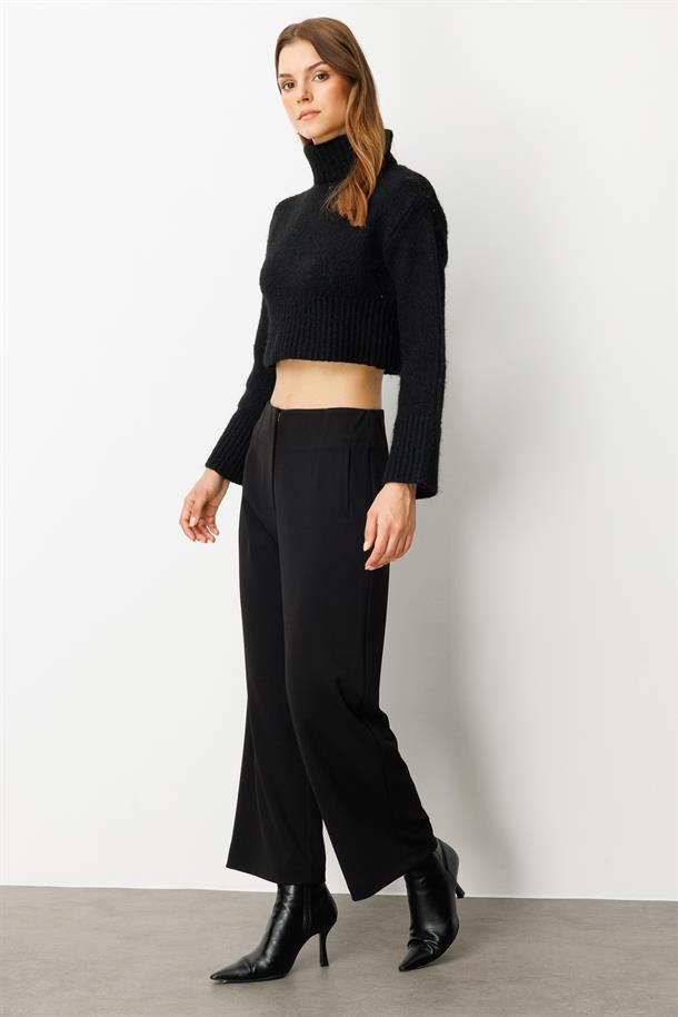 Yüksek Bel Bol Paça Krep Pantolon-SİYAH