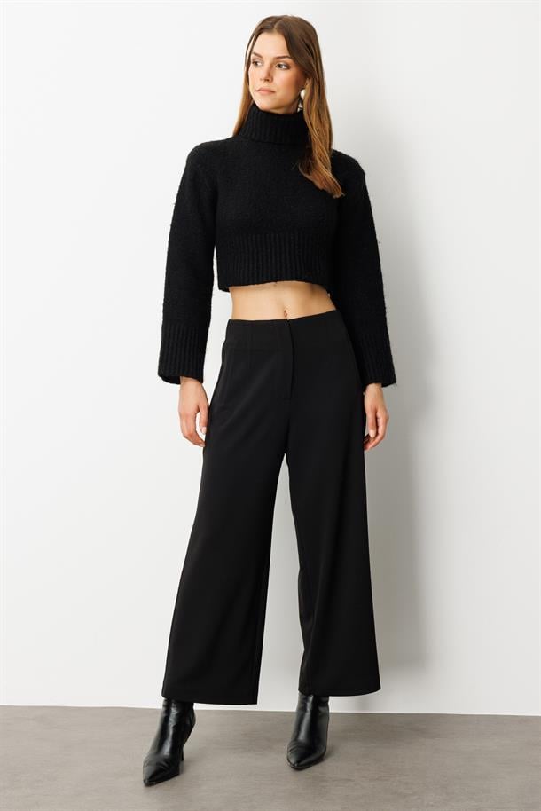 Yüksek Bel Bol Paça Krep Pantolon-SİYAH