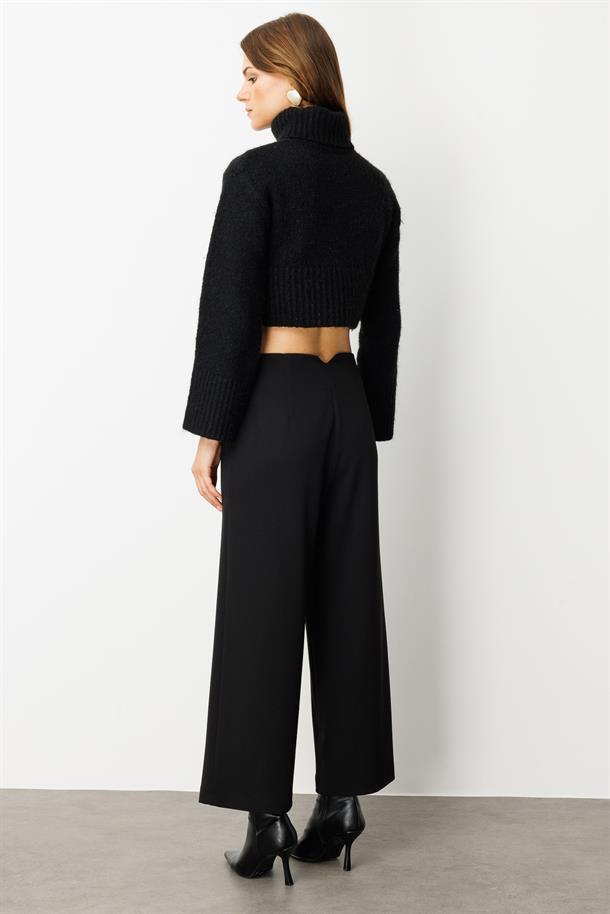 Yüksek Bel Bol Paça Krep Pantolon-SİYAH