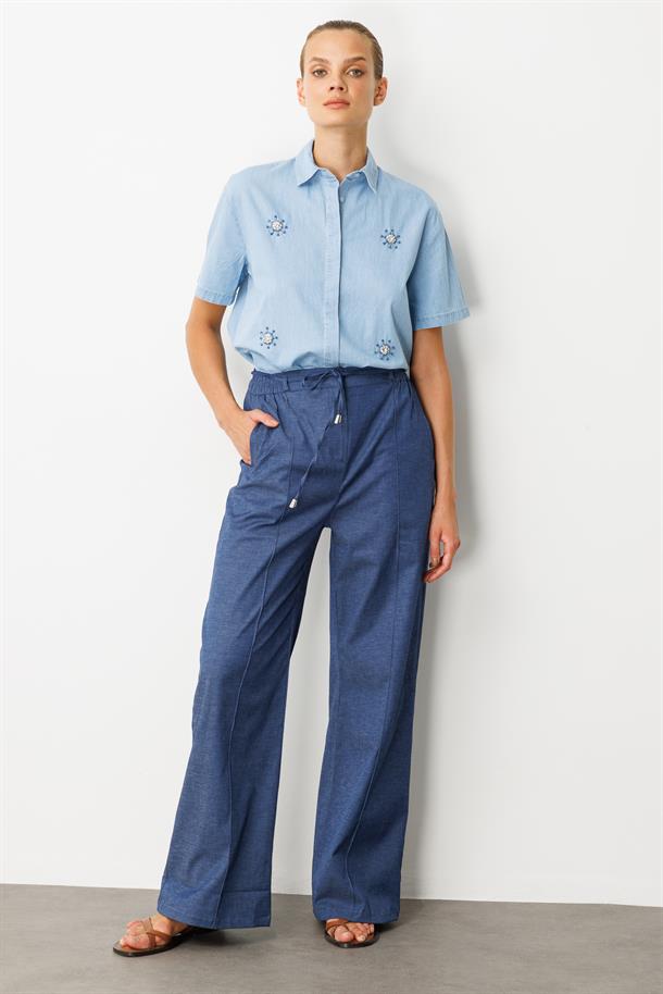 Yüksek Bel Bol Paça Pantolon-İNDİGO