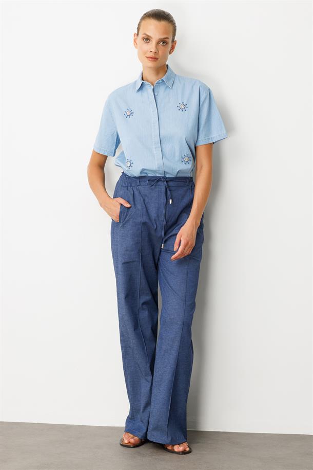 Yüksek Bel Bol Paça Pantolon-İNDİGO