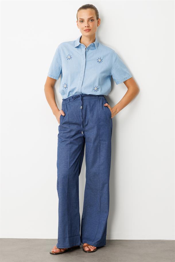 Yüksek Bel Bol Paça Pantolon-İNDİGO