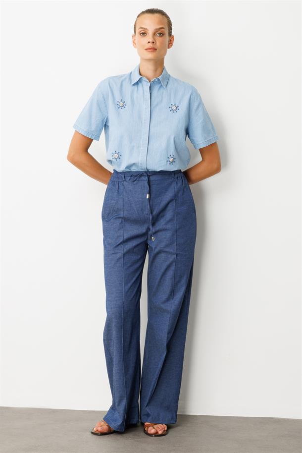 Yüksek Bel Bol Paça Pantolon-İNDİGO