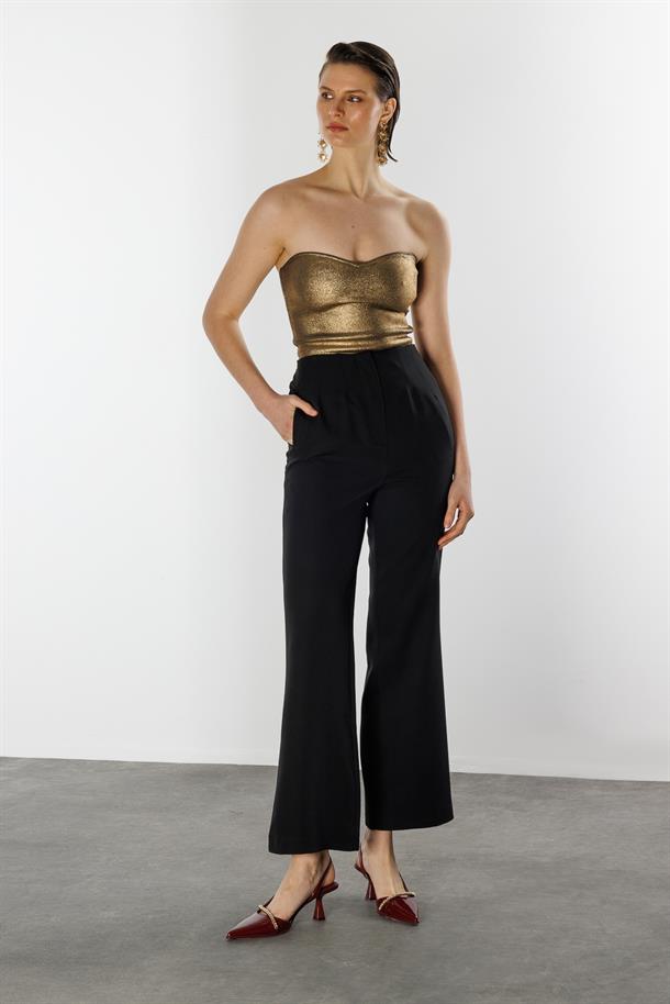 Yüksek Bel Bol Paça Pantolon-SİYAH