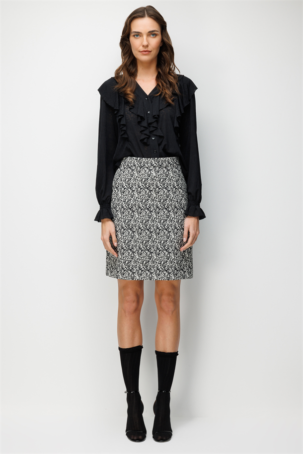 Yüksek Bel Desenli Etek-SİYAH