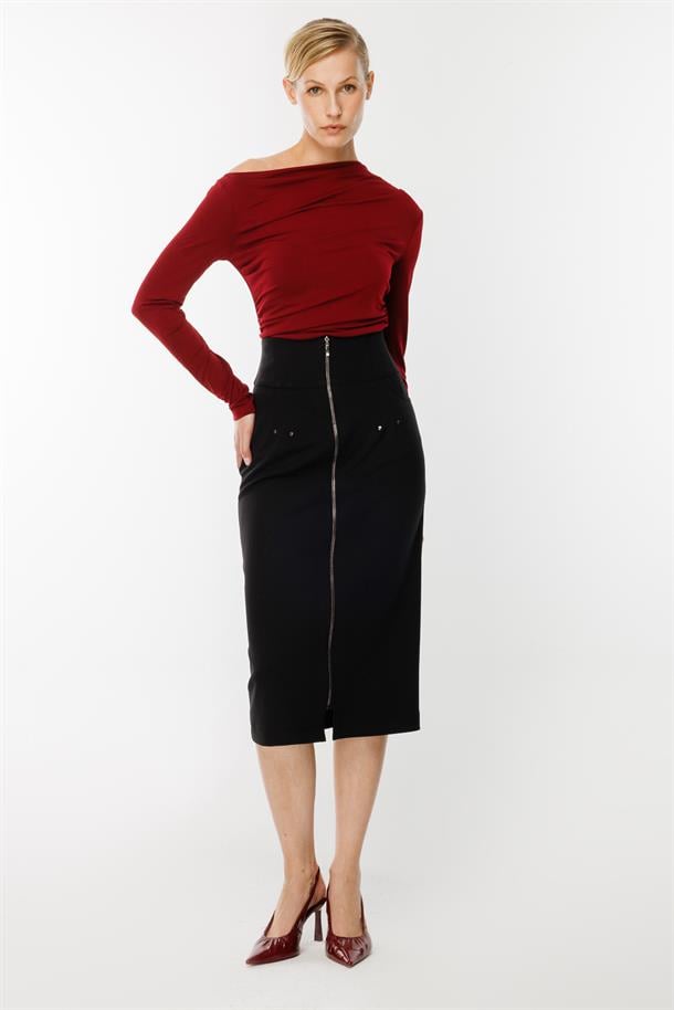 Yüksek Bel Fermuarlı Etek-SİYAH