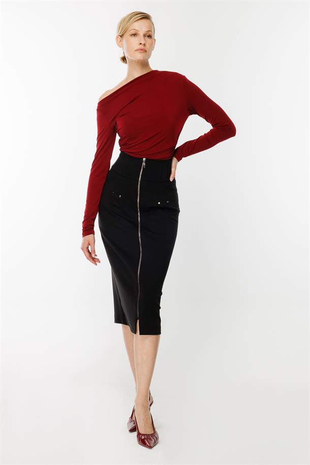 Yüksek Bel Fermuarlı Etek-SİYAH