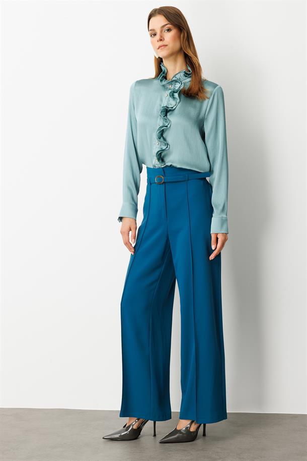 Yüksek Bel Kemer Detay Krep Pantolon-PETROL