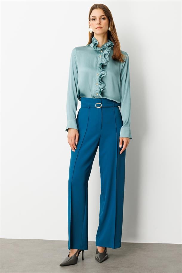 Yüksek Bel Kemer Detay Krep Pantolon-PETROL