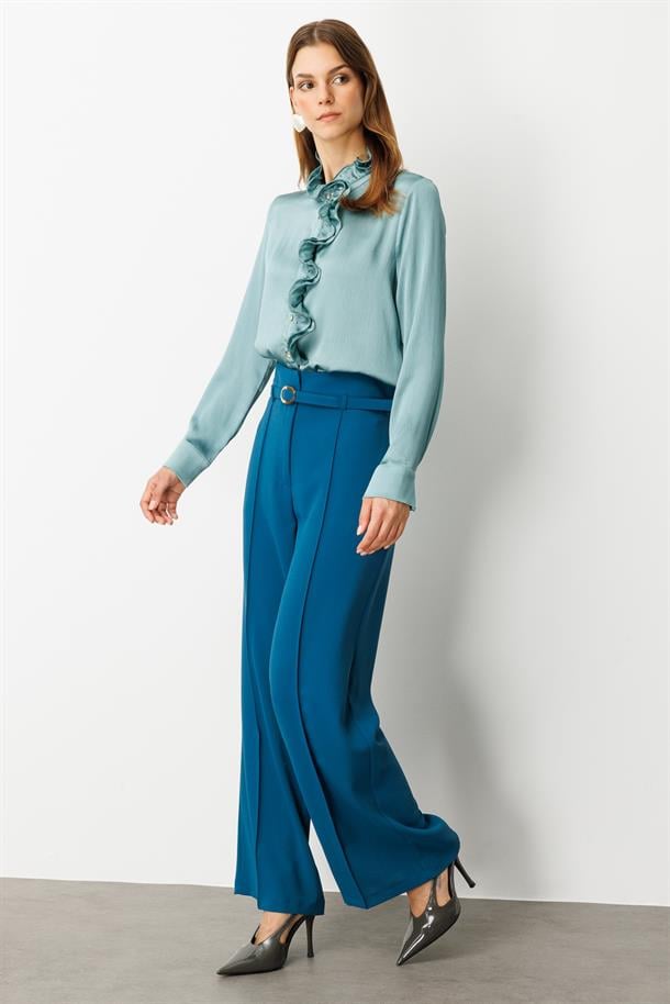 Yüksek Bel Kemer Detay Krep Pantolon-PETROL