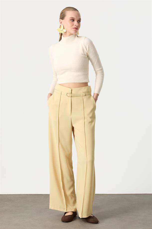 Yüksek Bel Kemer Detay Krep Pantolon-SARI