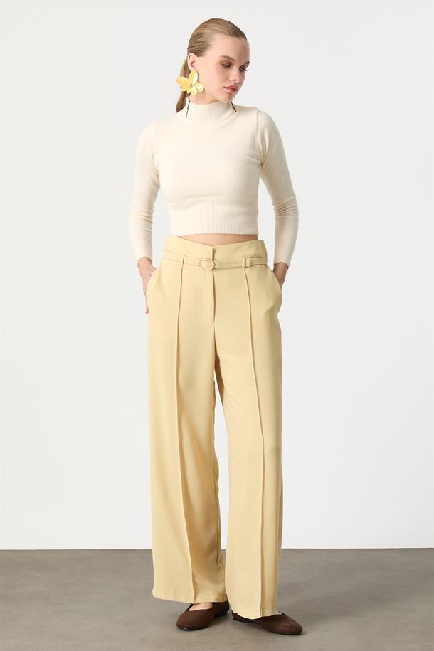 Yüksek Bel Kemer Detay Krep Pantolon-SARI