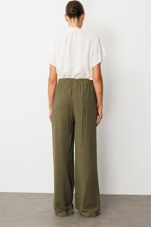 Yüksek Bel Pamuklu Keten Pantolon-HAKİ