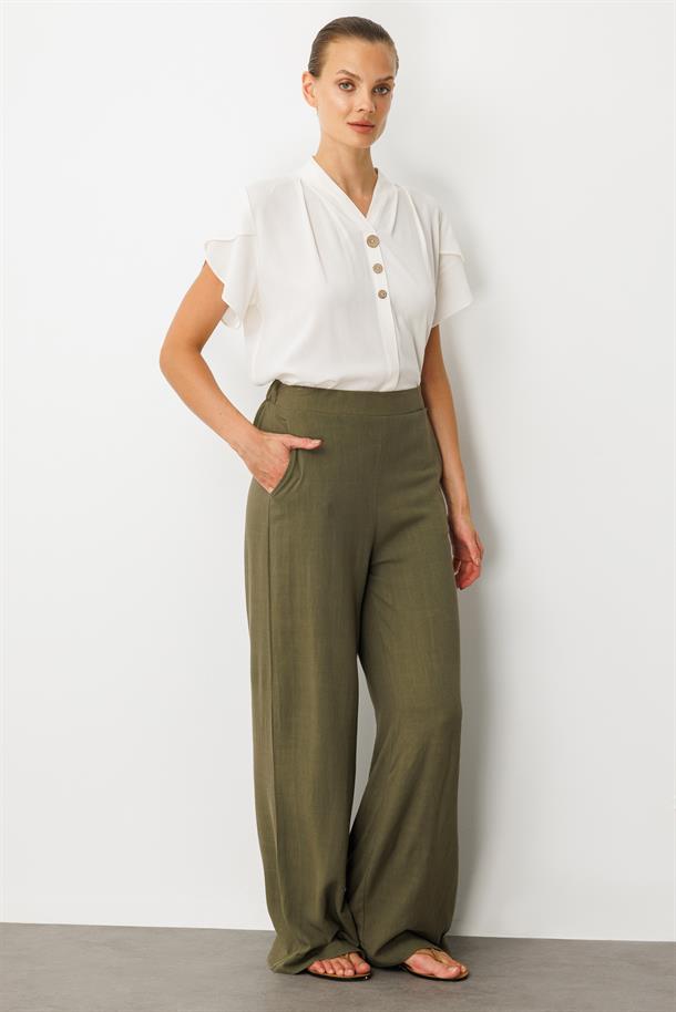 Yüksek Bel Pamuklu Keten Pantolon-HAKİ