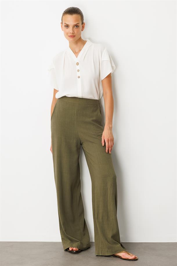 Yüksek Bel Pamuklu Keten Pantolon-HAKİ