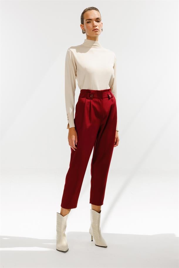Yüksek Bel Pileli Havuç Pantolon-BORDO