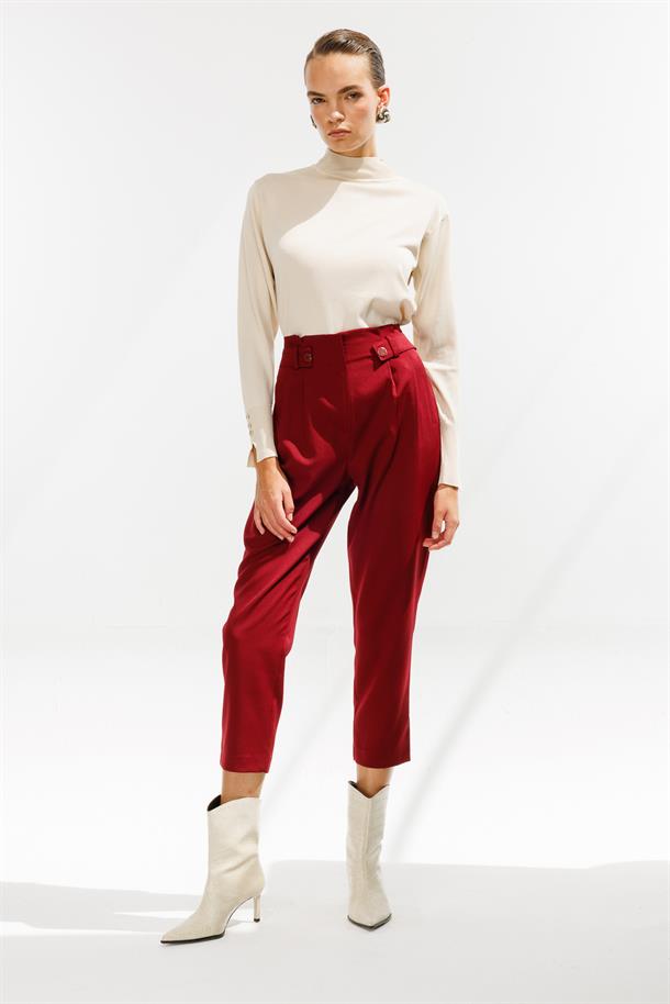 Yüksek Bel Pileli Havuç Pantolon-BORDO