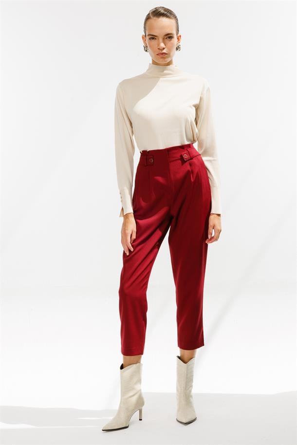 Yüksek Bel Pileli Havuç Pantolon-BORDO