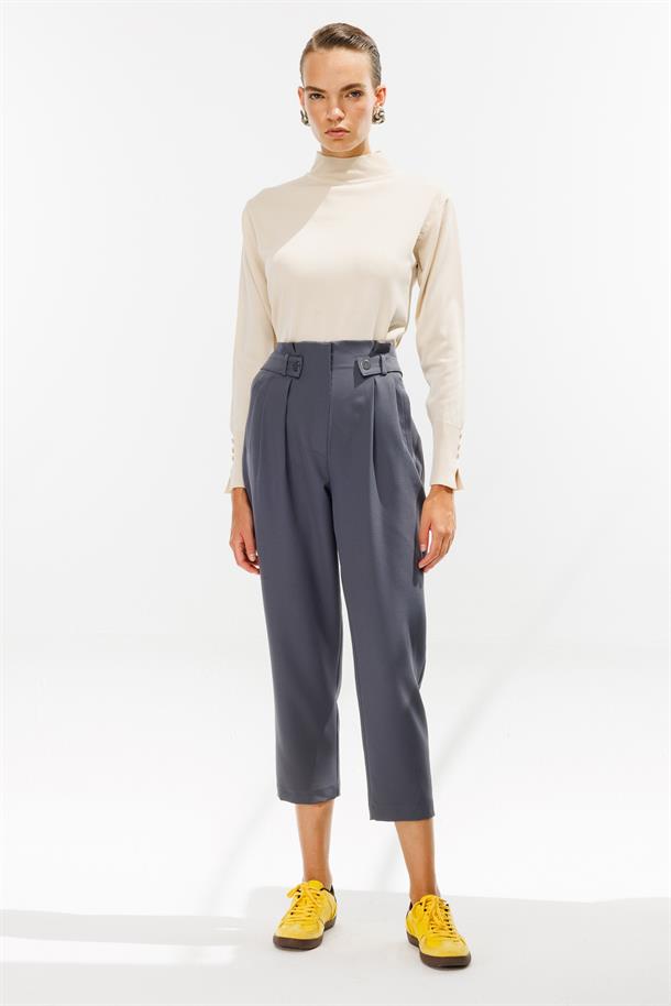 Yüksek Bel Pileli Havuç Pantolon-GRİ