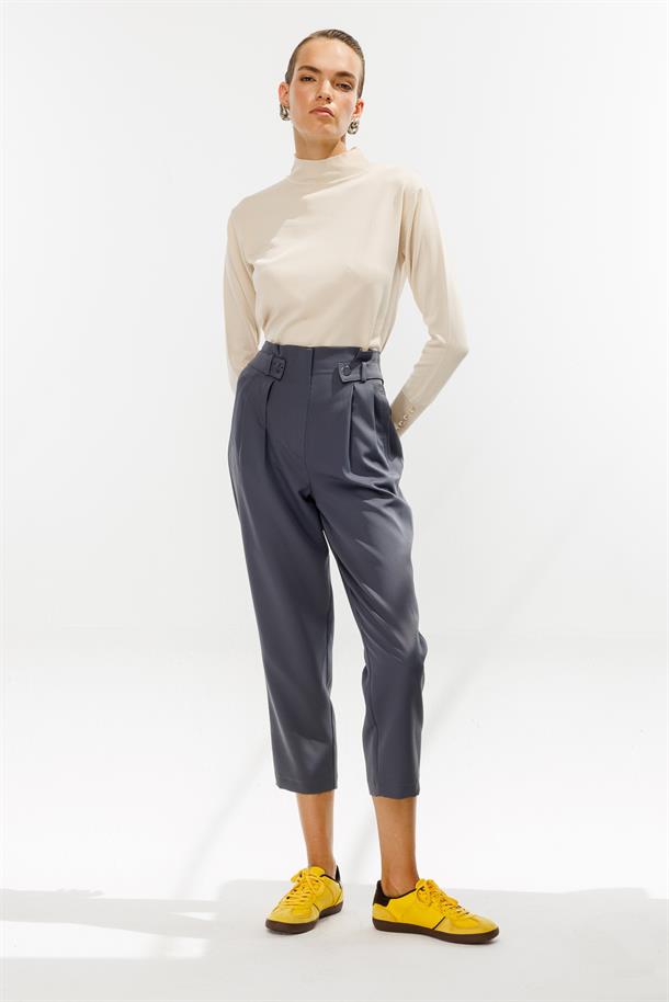 Yüksek Bel Pileli Havuç Pantolon-GRİ