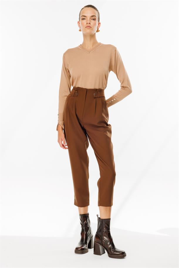 Yüksek Bel Pileli Havuç Pantolon-KAHVE