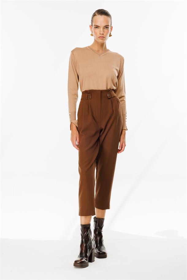Yüksek Bel Pileli Havuç Pantolon-KAHVE