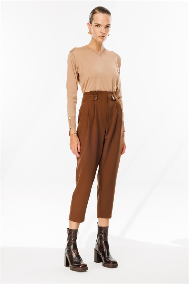 Yüksek Bel Pileli Havuç Pantolon-KAHVE
