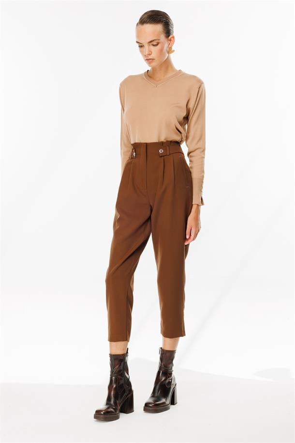 Yüksek Bel Pileli Havuç Pantolon-KAHVE