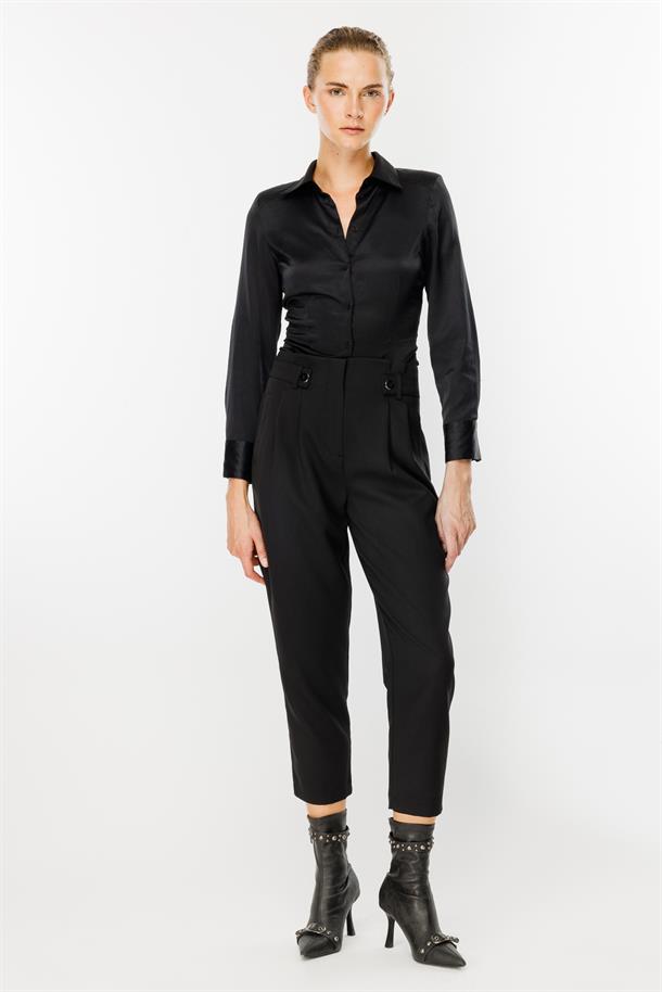 Yüksek Bel Pileli Havuç Pantolon-SİYAH