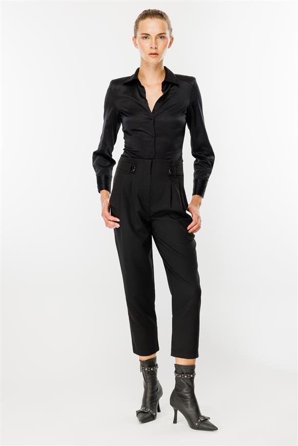 Yüksek Bel Pileli Havuç Pantolon-SİYAH