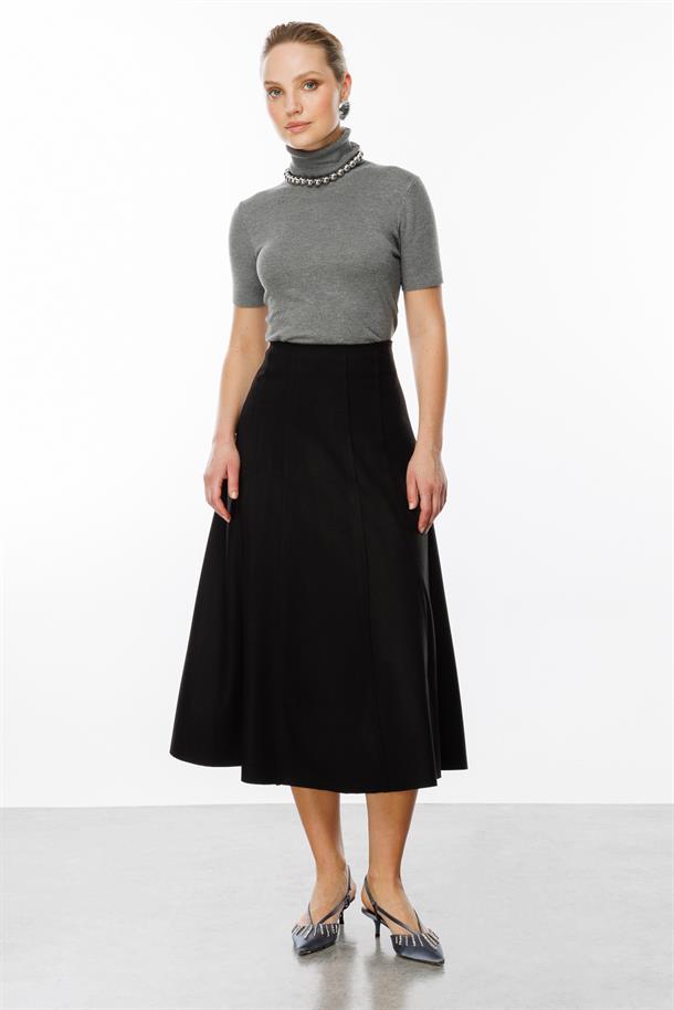 Yüksek Bel Uzun Kloş Etek-SİYAH