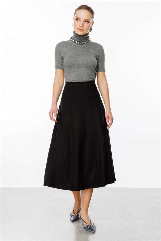 Yüksek Bel Uzun Kloş Etek-SİYAH