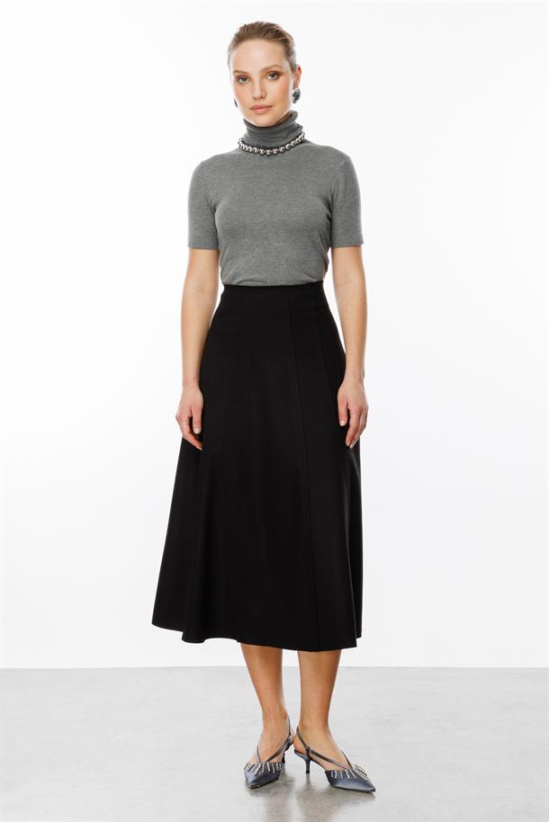 Yüksek Bel Uzun Kloş Etek-SİYAH