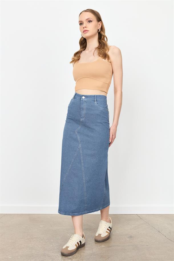 Yüksek Bel Uzun Kot Etek-MAVİ
