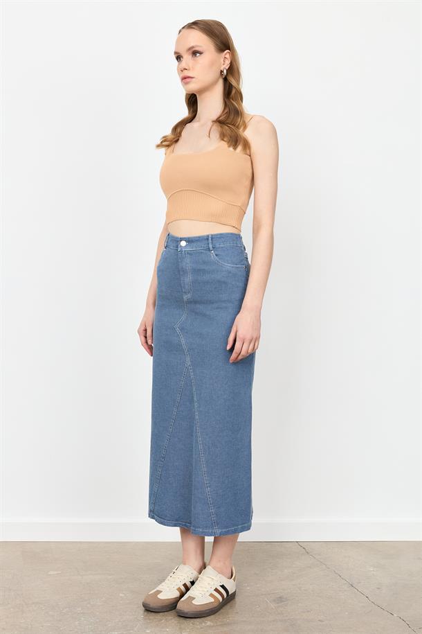 Yüksek Bel Uzun Kot Etek-MAVİ