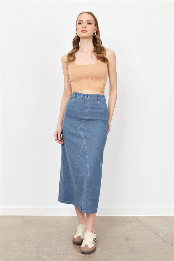 Yüksek Bel Uzun Kot Etek-MAVİ
