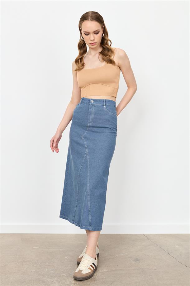 Yüksek Bel Uzun Kot Etek-MAVİ
