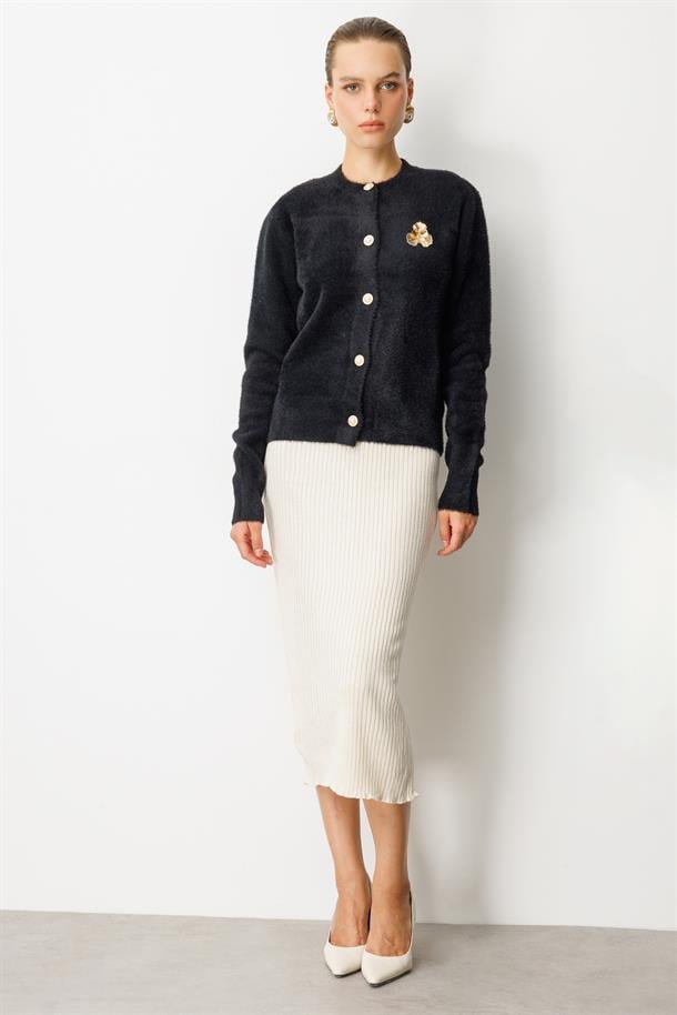 Düğme Detaylı Triko Hırka-SİYAH