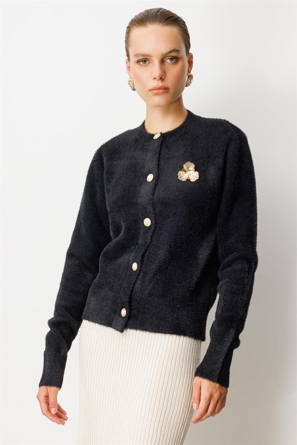 Düğme Detaylı Triko Hırka-SİYAH