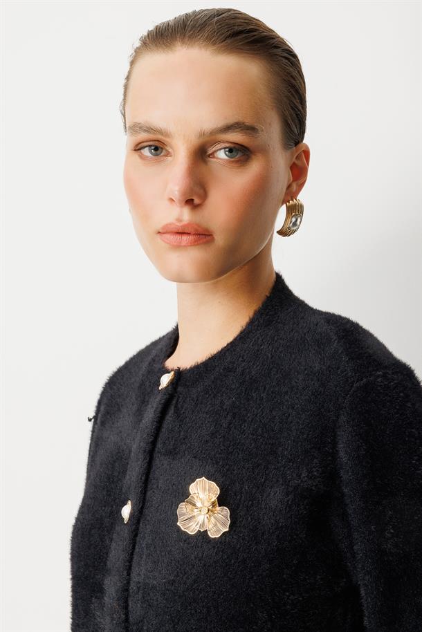 Düğme Detaylı Triko Hırka-SİYAH