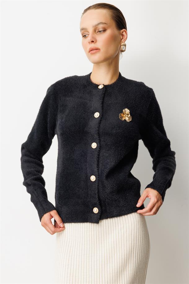 Düğme Detaylı Triko Hırka-SİYAH