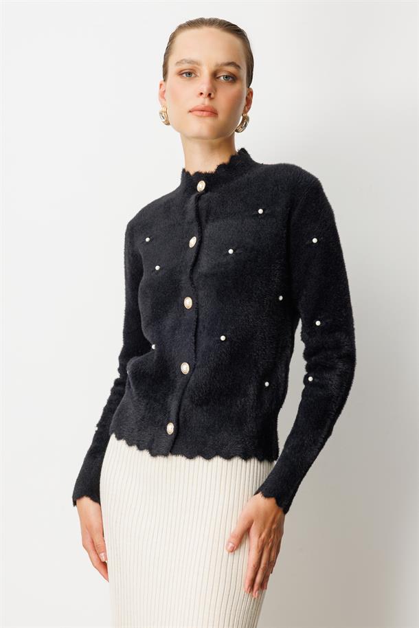 Boncuk Detaylı Triko Hırka-SİYAH